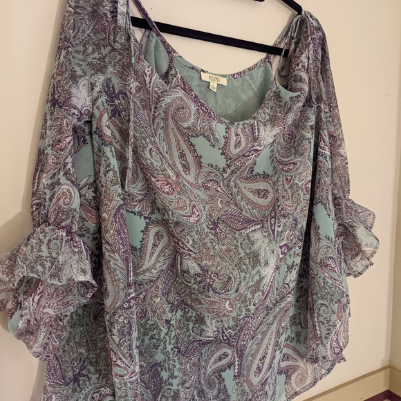 KORI Paisley Green and Purple Boho Cold Shoulder with Ties Top Size Large - Picture 3 of 11